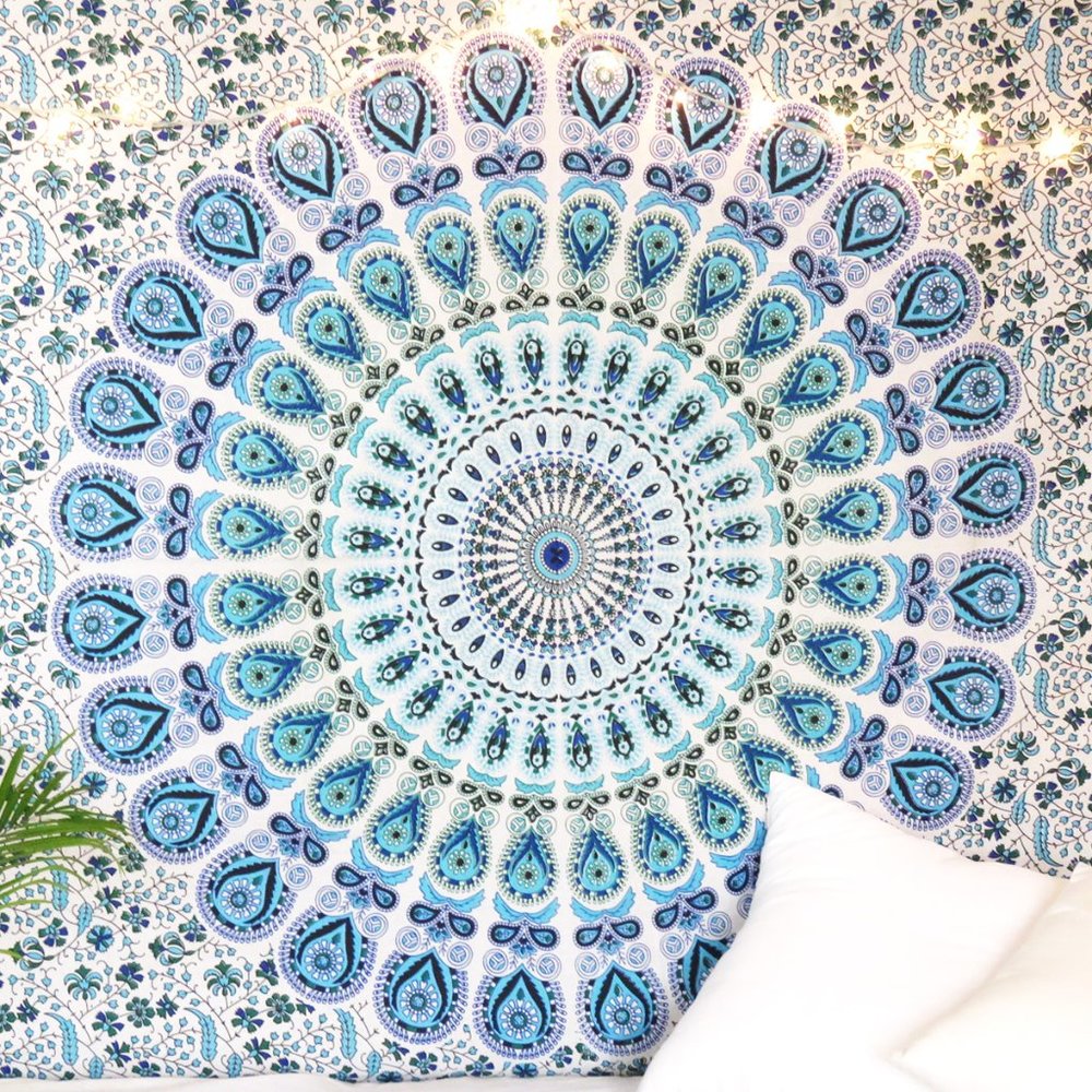 Oussum Mandala Blue Tapestry Cotton Fabric Wall Tapestries - Picture 2 of 6